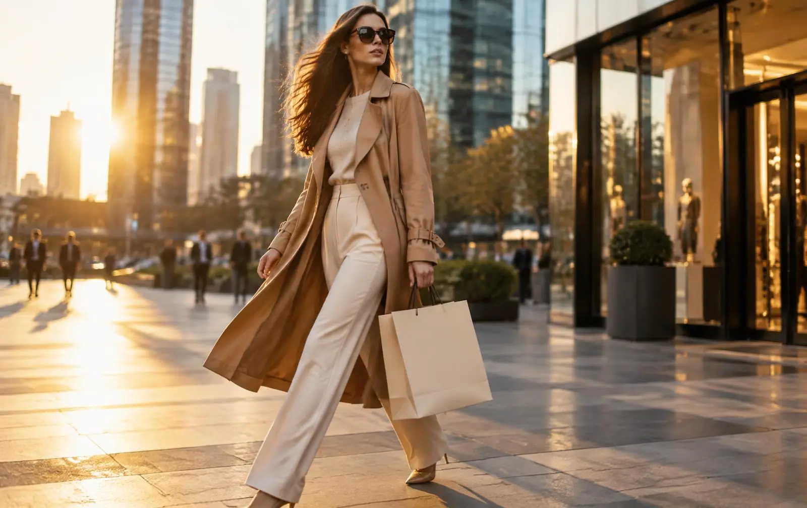 A woman in a camel trench coat walking across a city plaza with a shopping bag at golden hour