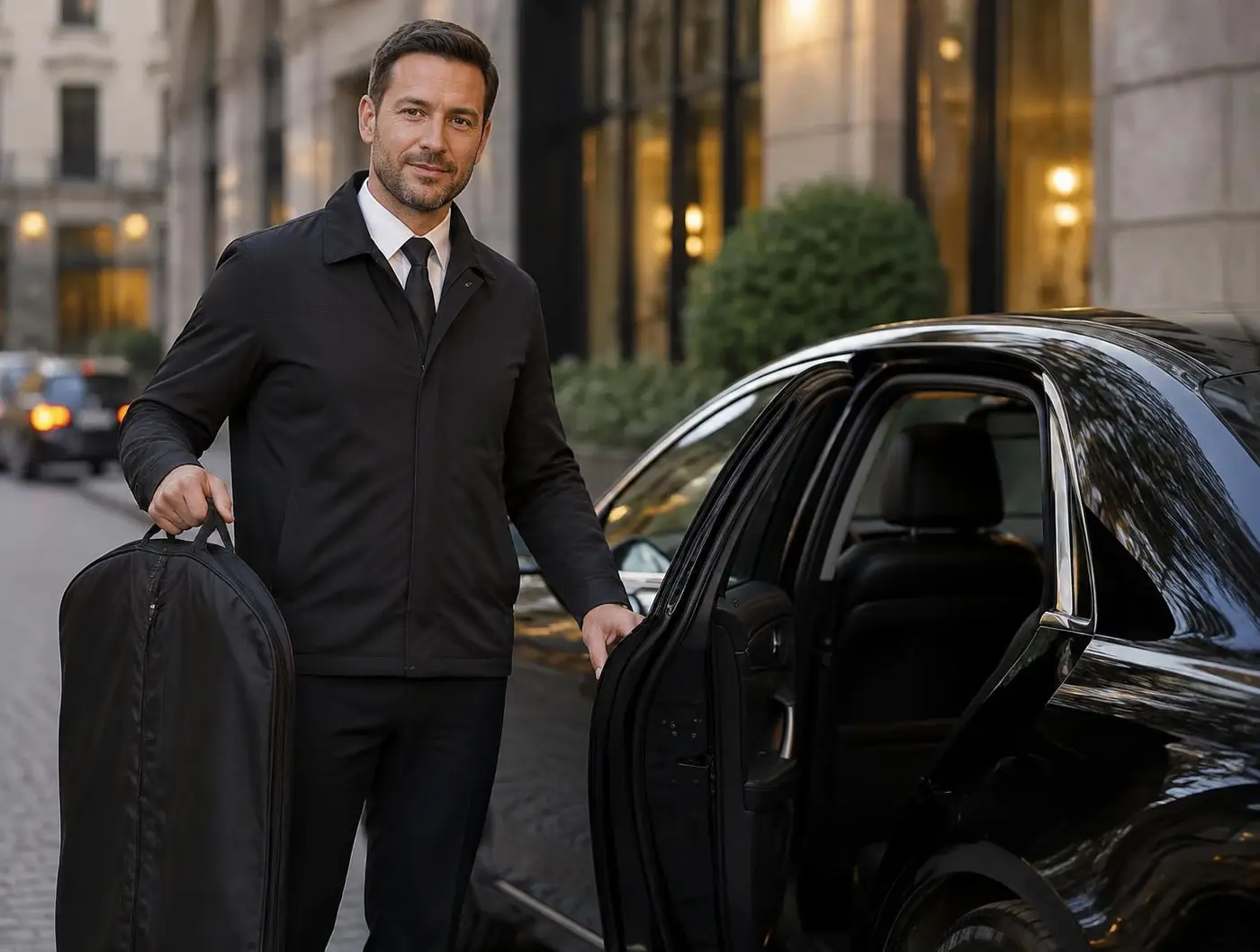 Driver holding a sealed garment bag