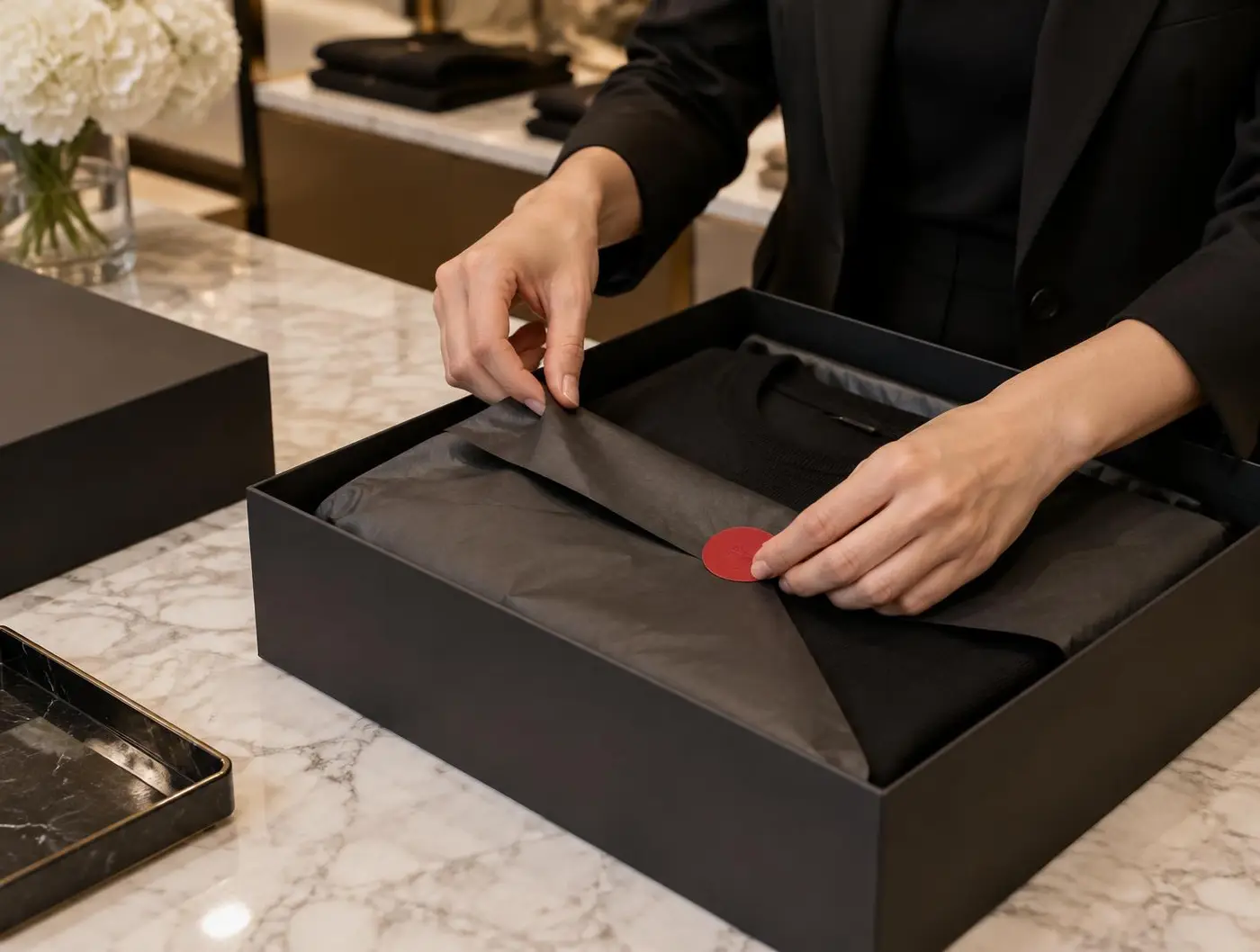 Associate sealing a garment box